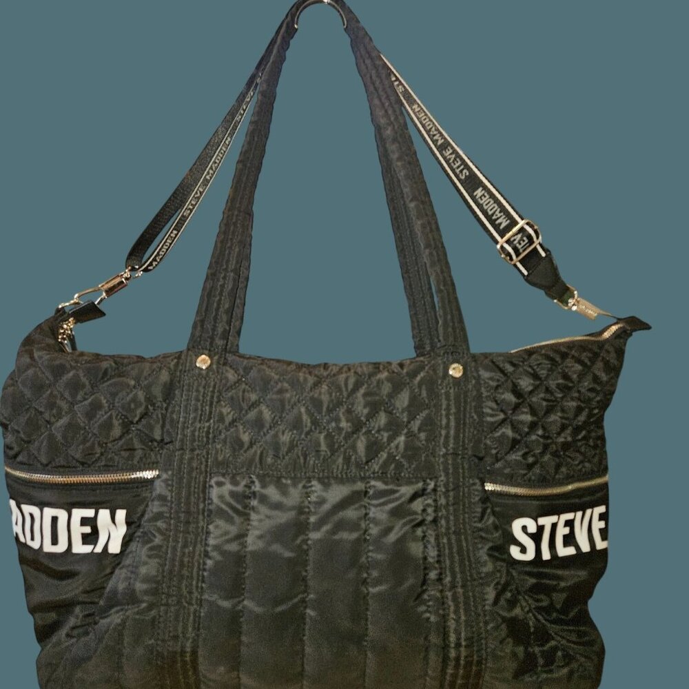 Steve Madden Quilted Black Travel Weekend Crossbody Duffle Tote Bag